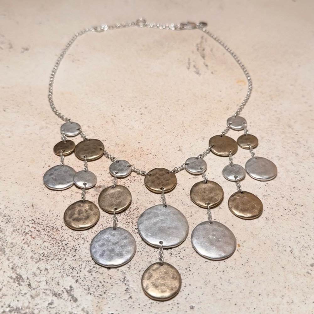 Mixed Metal Hammered Disc Statement Drop Necklace